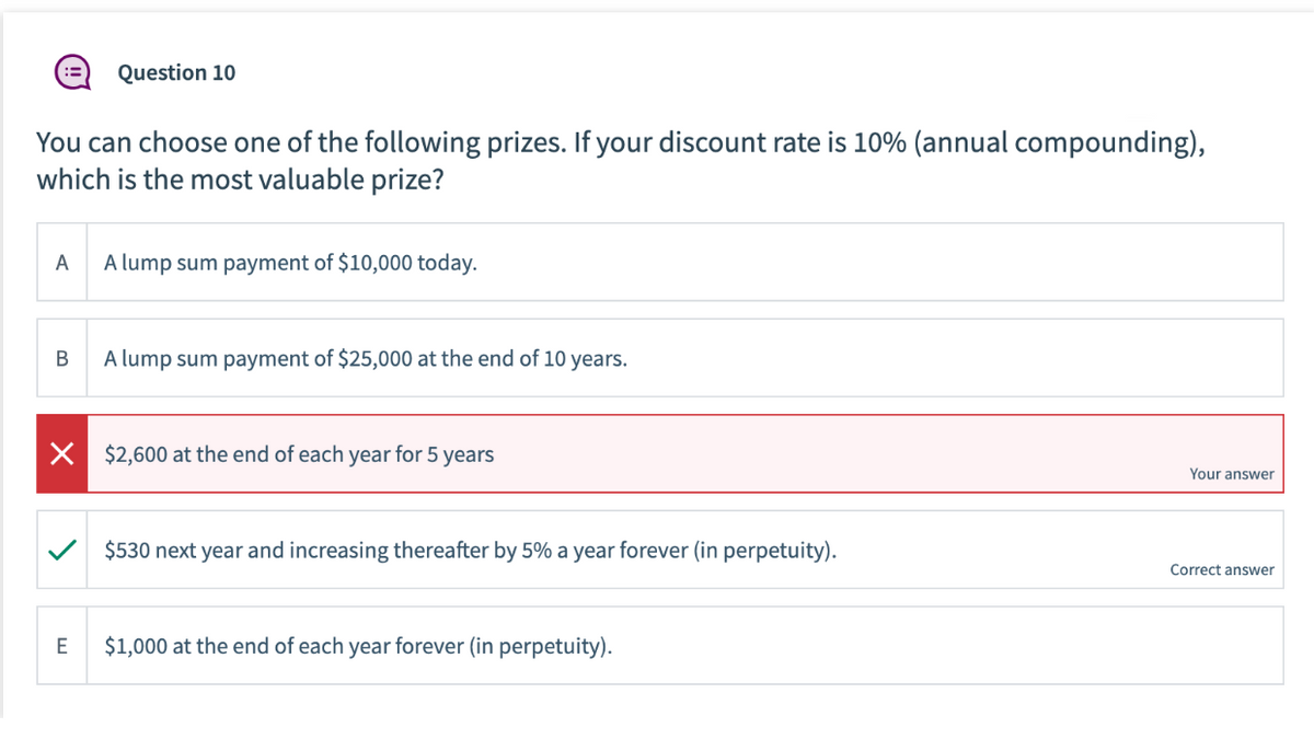 You can choose one of the following prizes. If your discount rate is 10% (annual compounding),
which is the most valuable prize?
A
Question 10
A lump sum payment of $10,000 today.
B
A lump sum payment of $25,000 at the end of 10 years.
E
X $2,600 at the end of each year for 5 years
$530 next year and increasing thereafter by 5% a year forever (in perpetuity).
$1,000 at the end of each year forever (in perpetuity).
Your answer
Correct answer