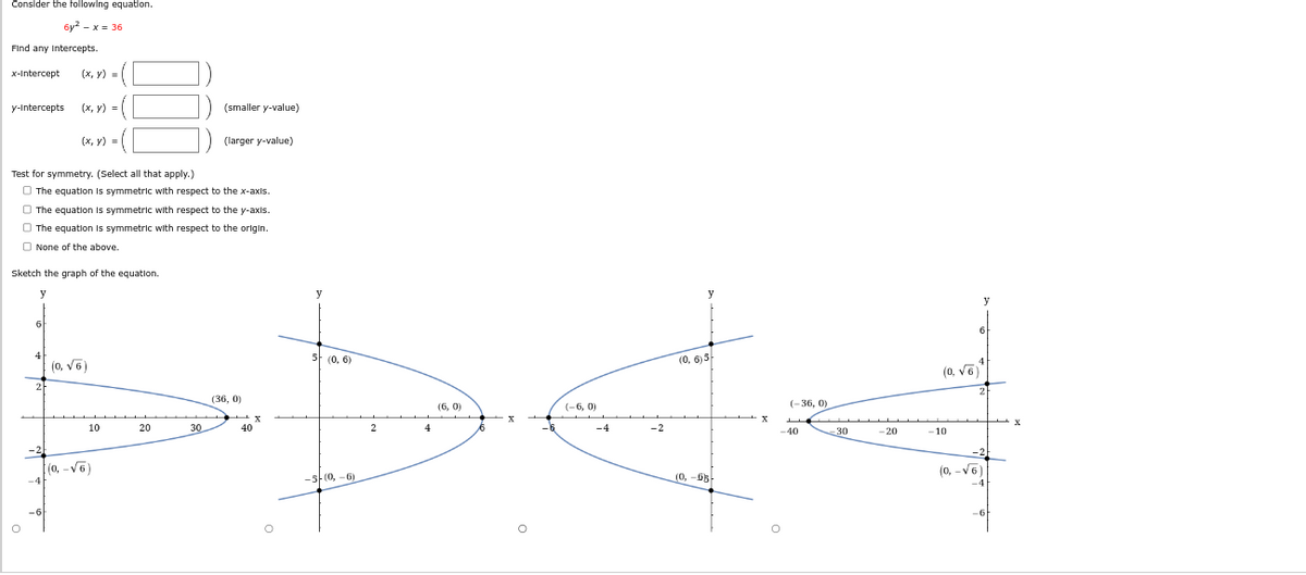 Consider the following equation.
6y² - x = 36
Find any Intercepts.
x-Intercept
y-Intercepts (x, y) =
Test for symmetry. (Select all that apply.)
6
(x, y) =
Sketch the graph of the equation.
y
4
The equation is symmetric with respect to the x-axis.
The equation is symmetric with respect to the y-axis.
The equation is symmetric with respect to the origin.
None of the above.
2
(x, y) =
-4
-6
(0, √6)
10
(0, -√6)
20
(smaller y-value)
30.
(larger y-value)
(36,0)
40
O
y
5 (0.6)
-5-(0, -6)
2
4
(6, 0)
(-6, 0)
-4
-2
(0, 6) 5
(0, -65
X
(-36, 0)
-40
-30
-20
(0, √6)
-10
6
y
2
-2
(0,-√6)
-6
X