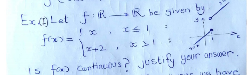 Ex ) Let fR → R be given by
frx> =
X+2
Is fon) ContinUDU s ? justify your answer.
リ=×
me have.
