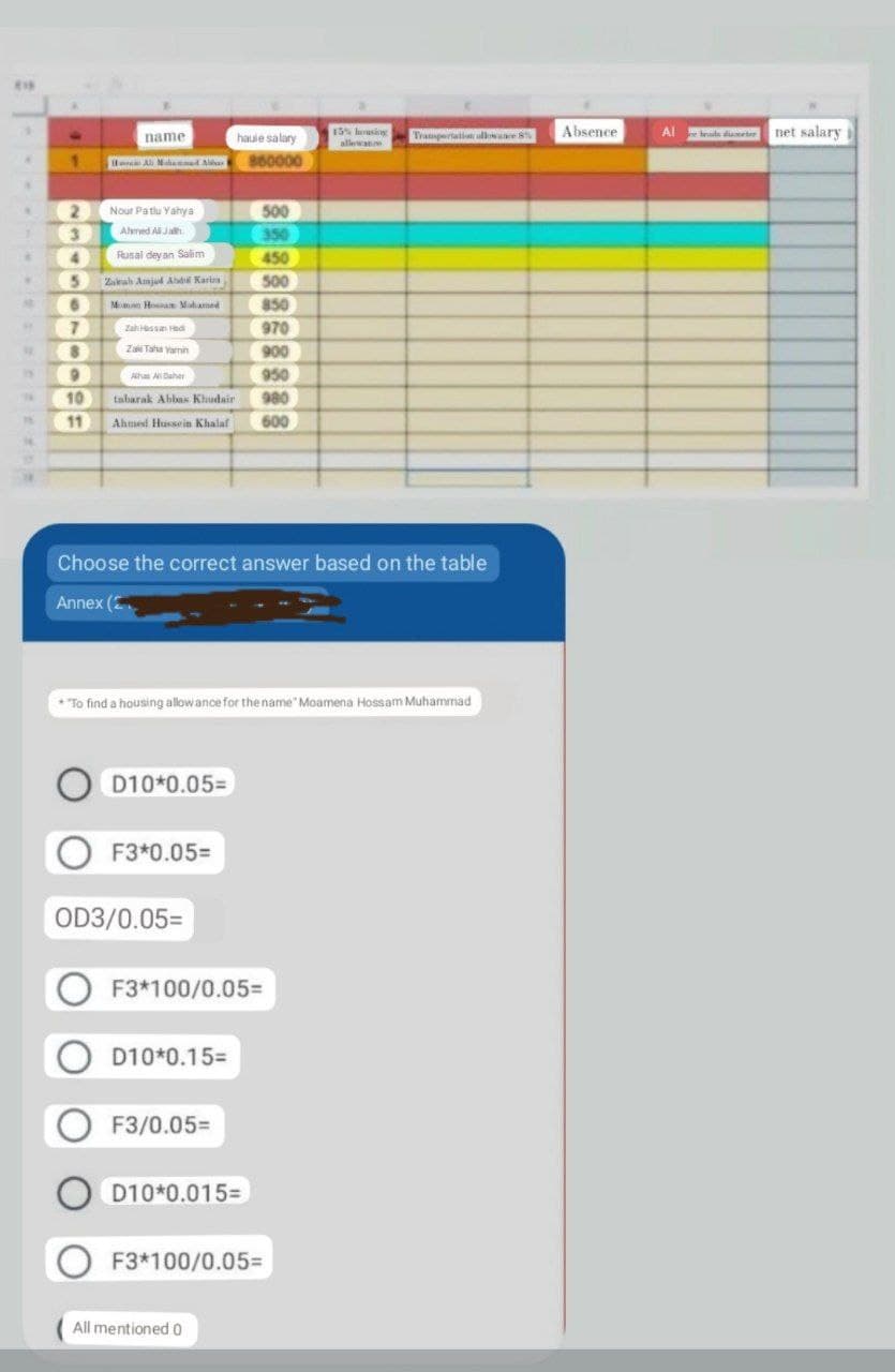 15% lousiny
Trampertatin allowae
Absence
Albrats deter
net salary
name
hauie salary
allewan
il Ali Mahaed Alkas
860000
Nour Patlu Yahya
3.
4.
500
350
450
Almed A Jah
Rusal deyan Salim
5.
Zaah Amjud Abdl Karia
500
Momn Hoa Mohamed
850
970
900
950
7.
Zahessan ed
Za Taha Yamin
Ahas A Daher
980
600
10
tabarak Abbas Khudair
11
Ahmed Hussein Khalaf
Choose the correct answer based on the table
Annex (2
*"To find a housing allowance for the name" Moamena Hossam Muhammad
D10*0.05=
F3*0.05=
OD3/0.05=
F3*100/0.05=
D10*0.15=
F3/0.05=
D10*0.015=
F3*100/0.05=
All mentioned 0
