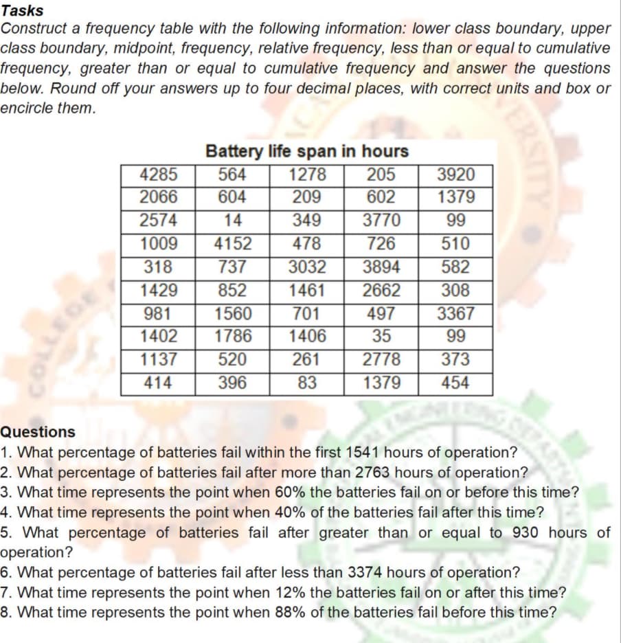 Tasks
Construct a frequency table with the following information: lower class boundary, upper
class boundary, midpoint, frequency, relative frequency, less than or equal to cumulative
frequency, greater than or equal to cumulative frequency and answer the questions
below. Round off your answers up to four decimal places, with correct units and box or
encircle them.
Battery life span in hours
4285
564
1278
205
2066
604
209
602
2574
14
349
3770
1009 4152
478
726
318
737
3032
3894
1429
852
1461
2662
981
1560
701
497
1402
1786 1406
35
1137 520
261
2778
414
396
83
1379
3920
1379
99
510
582
308
3367
99
373
454
Questions
1. What percentage of batteries fail within the first 1541 hours of operation?
2. What percentage of batteries fail after more than 2763 hours of operation?
3. What time represents the point when 60% the batteries fail on or before this time?
4. What time represents the point when 40% of the batteries fail after this time?
5. What percentage of batteries fail after greater than or equal to 930 hours of
operation?
6. What percentage of batteries fail after less than 3374 hours of operation?
7. What time represents the point when 12% the batteries fail on or after this time?
8. What time represents the point when 88% of the batteries fail before this time?