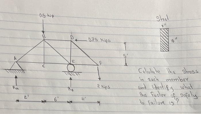 A
RA
*
21
0.5 kip
6⁰
(J
Re
4'
0.75 kips
F
2 Kips
4
5'
Steel
10"
Calculate the strass
in each member
and identify what
the factor of safety
to failure is?