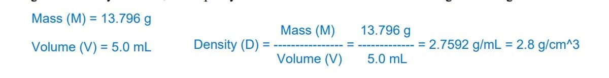 Mass (M) = 13.796 g
Volume (V) = 5.0 mL
Density (D)
Mass (M)
Volume (V)
13.796 g
5.0 mL
= 2.7592 g/mL = 2.8 g/cm^3