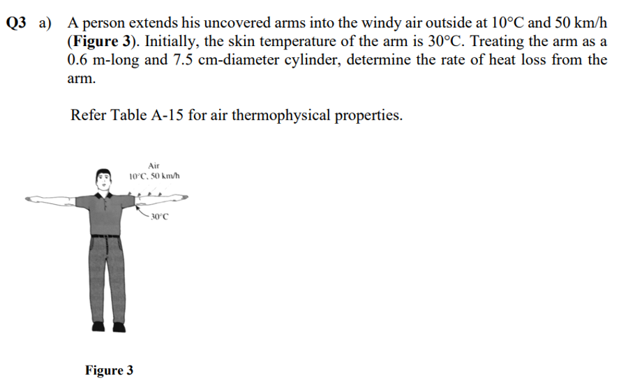 Q3 a) A person extends his uncovered arms into the windy air outside at 10°C and 50 km/h
(Figure 3). Initially, the skin temperature of the arm is 30°C. Treating the arm as a
0.6 m-long and 7.5 cm-diameter cylinder, determine the rate of heat loss from the
arm.
Refer Table A-15 for air thermophysical properties.
Air
10°C. 50 km/h
-30°C
Figure 3