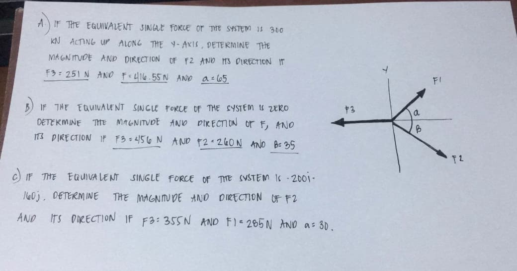 A) IF THE EQUIVALENT SINGLE FORCE Or THE SYSTEM IS 300
KN ACTING Up ALONG THE Y-AXIS, DETERMINE THE
MA GN ITUDE AND DIRECTION OF F2 AND 173 DIRECTION IT
F3=251 N AND F=416.55 N AND a=l65.
FI
IF THE EQUIVA LENT SINGLE FORCE OF THE SYSTEM IS ERO
+3
a
DETERMINE THE
MAGNITUDE AND DIRECTION or F, AND
IT3 DIRECTION IF F3-456 N AND 12-260N AND B- 35
c) IF THE
EQUIVA LENT
SINGLE FORCE OF TTE SYSTEM IS 2001-
160j, DETERMINE
THE MAGNMUDE AND DIRECTION OF F2
AND
ITS DIRECTION IF F3: 355N AND FI-285N AND a: 30.
