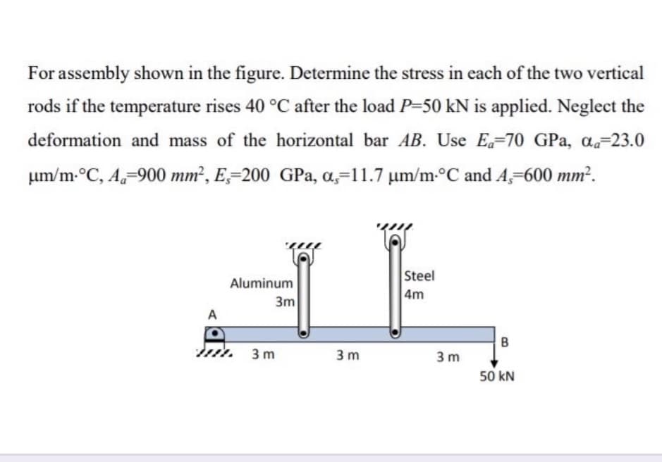 For assembly shown in the figure. Determine the stress in each of the two vertical
rods if the temperature rises 40 °C after the load P=50 kN is applied. Neglect the
deformation and mass of the horizontal bar AB. Use Ea-70 GPa, a=23.0
um/m-°C, A-900 mm², E,=200 GPa, a,=11.7 µm/m-°C and A,=600 mm².
Steel
Aluminum
4m
3m
A
3 m
3 m
3 m
50 kN
