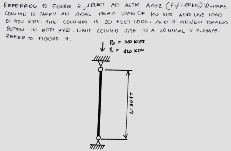 REFERRIDO to FIGURE 3SELECT AN ASTM A ga2 (Fy:50kri) WWasnaPE
COUMU TO CARRY AN AXIAL
DEAP WAD OF 140 KIPS AN p UVE LOAN
OF 420 KIRS. THE
BOTTOM
CoU MN
Is
30 +EET LONG. AN D IS PINNEKD TOPAND
IN BOTH AXES.LIIMIT COUMN SIZE
TO A NO MINAL W In.SHAPĒ :
REFER O I GURE 4.
Po = 140 KIps
PL = 420 KIPpr
A= 30FT
