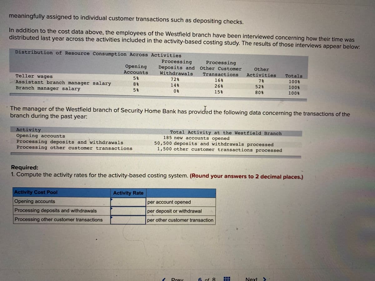 meaningfully assigned to individual customer transactions such as depositing checks.
In addition to the cost data above, the employees of the Westfield branch have been interviewed concerning how their time was
distributed last year across the activities included in the activity-based costing study. The results of those interviews appear below:
Distribution of Resource Consumption Across Activities
Processing
Deposits and Other Customer
Withdrawals
Processing
Opening
Other
Accounts
Teller wages
Transactions
Activities
Totals
Assistant branch manager salary
72%
16%
7%
100%
Branch manager salary
8%
14%
26%
52%
100%
5%
0%
15%
80%
100%
The manager of the Westfield branch of Security Home Bank has provided the following data concerning the transactions of the
branch during the past year:
Activity
Opening accounts
Processing deposits and withdrawals
Processing other customer transactions
Total Activity at the Westfield Branch
185 new accounts opened
50,500 deposits and withdrawals processed
1,500 other customer transactions processed
Required:
1. Compute the activity rates for the activity-based costing system. (Round your answers to 2 decimal places.)
Activity Cost Pool
Activity Rate
Opening accounts
per account opened
Processing deposits and withdrawals
per deposit or withdrawal
Processing other customer transactions
per other customer transaction
Prev
6 of 8
Next >
585
