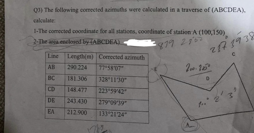 Q3) The following corrected azimuths were calculated in a traverse of (ABCDEA),
calculate:
1-The corrected coordinate for all stations, coordinate of station A (100,150)
2-The area enclosed by (ABCDEA)
819 2852
Line
AB
BC
CD
DE
EA
Length(m) Corrected azimuth
290.224
77°58'07"
181.306
328°11'30"
148.477
223°59'42"
243.430
279°09'39"
212.900
133°21'24"
1760
200.25⁰
A
217 1938
D
ð
0
8
C
5
13