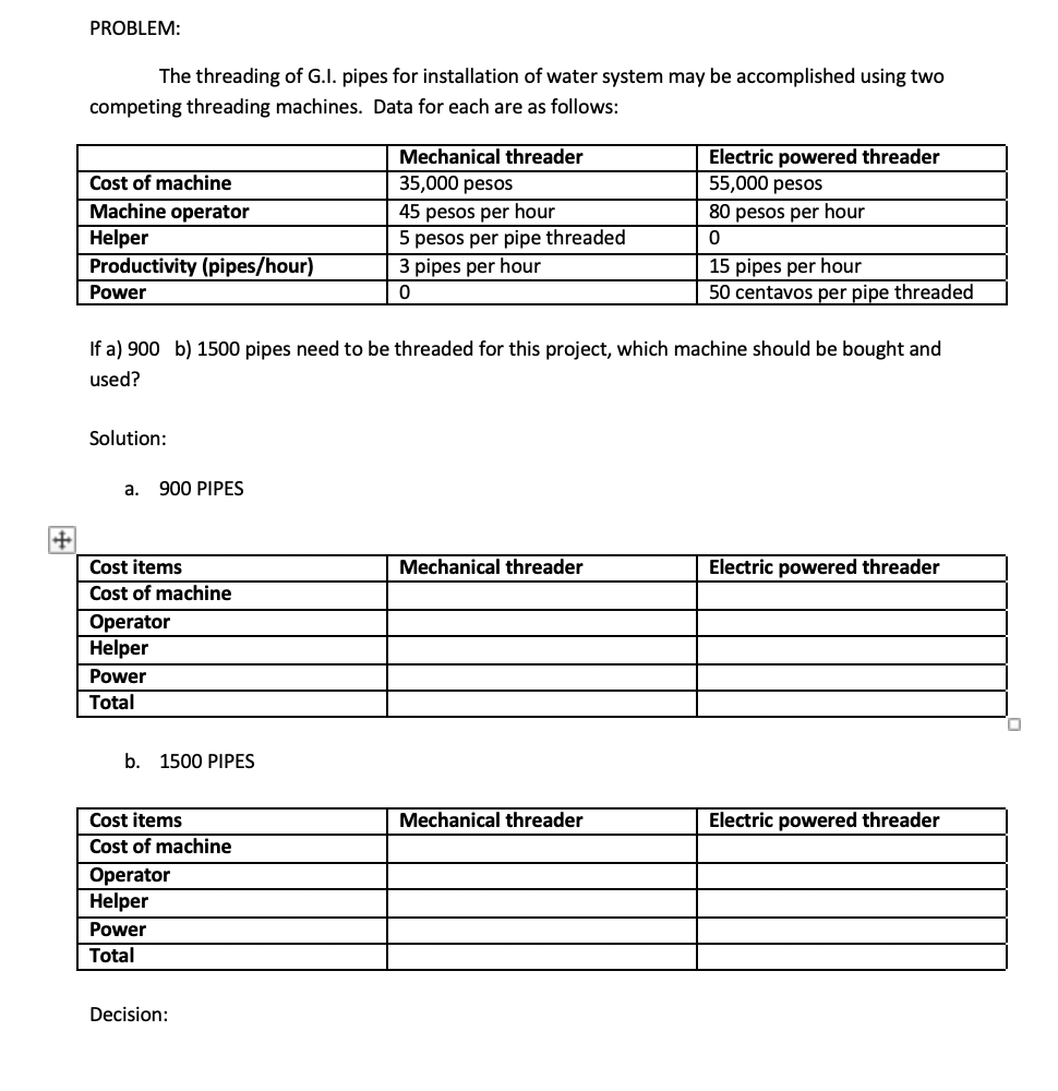 PROBLEM:
The threading of G.I. pipes for installation of water system may be accomplished using two
competing threading machines. Data for each are as follows:
Electric powered threader
55,000 pesos
Mechanical threader
Cost of machine
Machine operator
Helper
Productivity (pipes/hour)
35,000 pesos
45 pesos per hour
5 pesos per pipe threaded
3 pipes per hour
80 pesos per hour
15 pipes per hour
Power
50 centavos per pipe threaded
If a) 900 b) 1500 pipes need to be threaded for this project, which machine should be bought and
used?
Solution:
a. 900 PIPES
Cost items
Mechanical threader
Electric powered threader
Cost of machine
Operator
Helper
Power
Total
b. 1500 PIPES
Cost items
Mechanical threader
Electric powered threader
Cost of machine
Operator
Helper
Power
Total
Decision:
