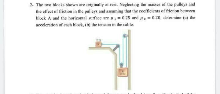 2- The two blocks shown are originally at rest. Neglecting the masses of the pulleys and
the effect of friction in the pulleys and assuming that the coefficients of friction between
block A and the horizontal surface are µz = 0.25 and u = 0.20, determine (a) the
acceleration of each block, (b) the tension in the cable.
