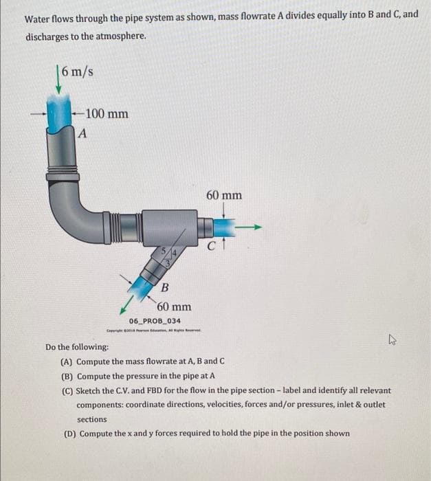 Water flows through the pipe system as shown, mass flowrate A divides equally into B and C, and
discharges to the atmosphere.
6 m/s
100 mm
A
60 mm
60 mm
06 PROB_034
Cappri n n,
Do the following:
(A) Compute the mass flowrate at A, B and C
(B) Compute the pressure in the pipe at A
(C) Sketch the C.V. and FBD for the flow in the pipe section - label and identify all relevant
components: coordinate directions, velocities, forces and/or pressures, inlet & outlet
sections
(D) Compute the x and y forces required to hold the pipe in the position shown
