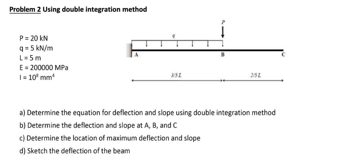 Problem 2 Using double integration method
P = 20 kN
q = 5 kN/m
L = 5 m
E = 200000 MPa
| = 10° mm4
A
%3D
3/5 L
2/5 L
a) Determine the equation for deflection and slope using double integration method
b) Determine the deflection and slope at A, B, and C
c) Determine the location of maximum deflection and slope
d) Sketch the deflection of the beam
