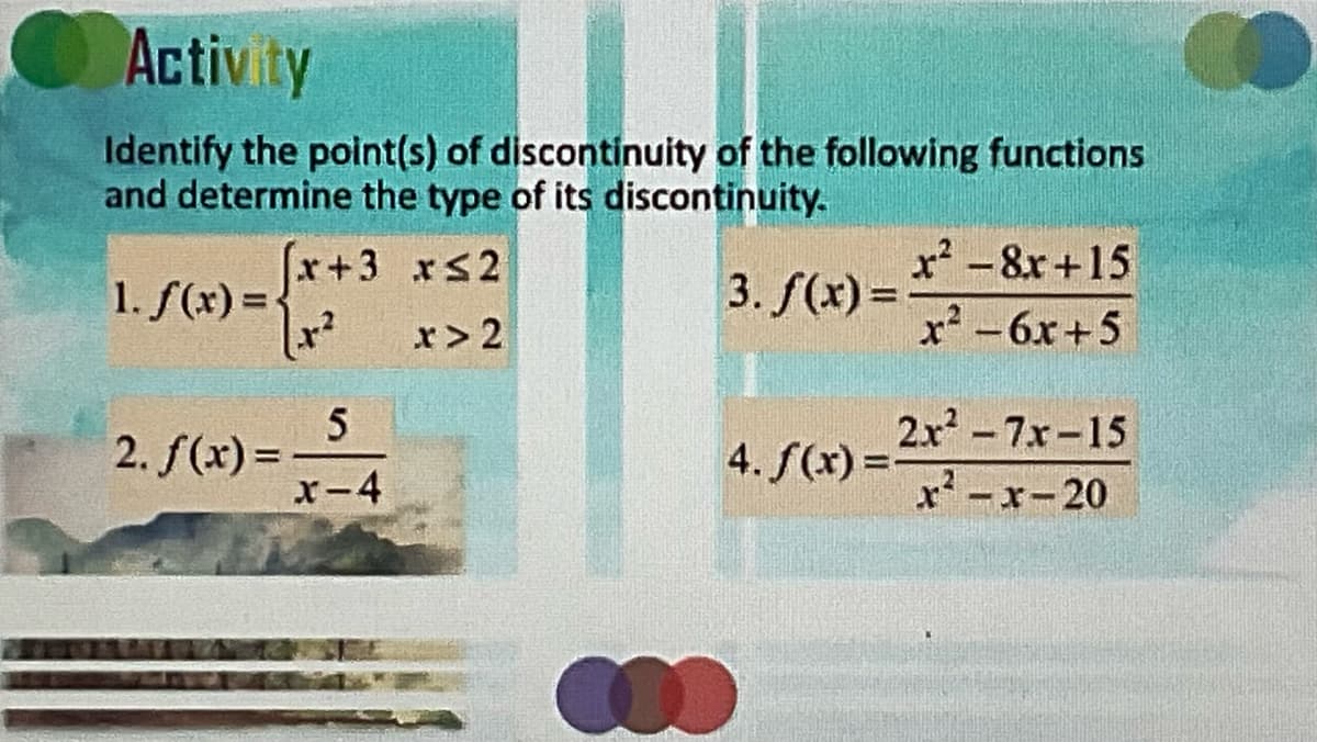 Activity
Identify the point(s) of discontinuity of the following functions
and determine the type of its discontinuity.
x+3 xs2
x² -8r+15
1. f(x)=-
3. f(x) =
r> 2
x²-6x+5
2. f(x) =
x-4
2x-7x-15
x'-x-20
4. f(x) =-
