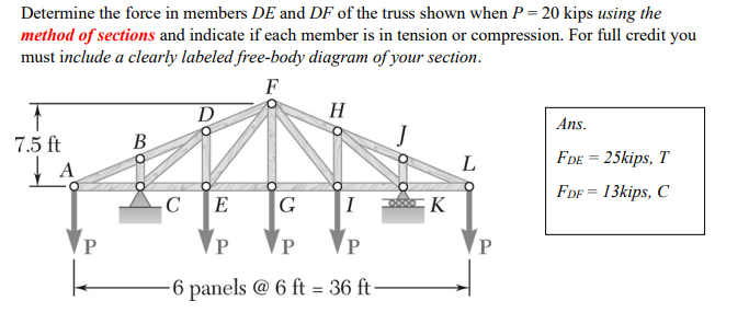 Determine the force in members DE and DF of the truss shown when P= 20 kips using the
method of sections and indicate if each member is in tension or compression. For full credit you
must include a clearly labeled free-body diagram of your section.
F
D
H
Ans.
7.5 ft
В
L
FDE = 25kips, T
FDF = 13kips, C
G
P
-6 panels @ 6 ft = 36 ft
