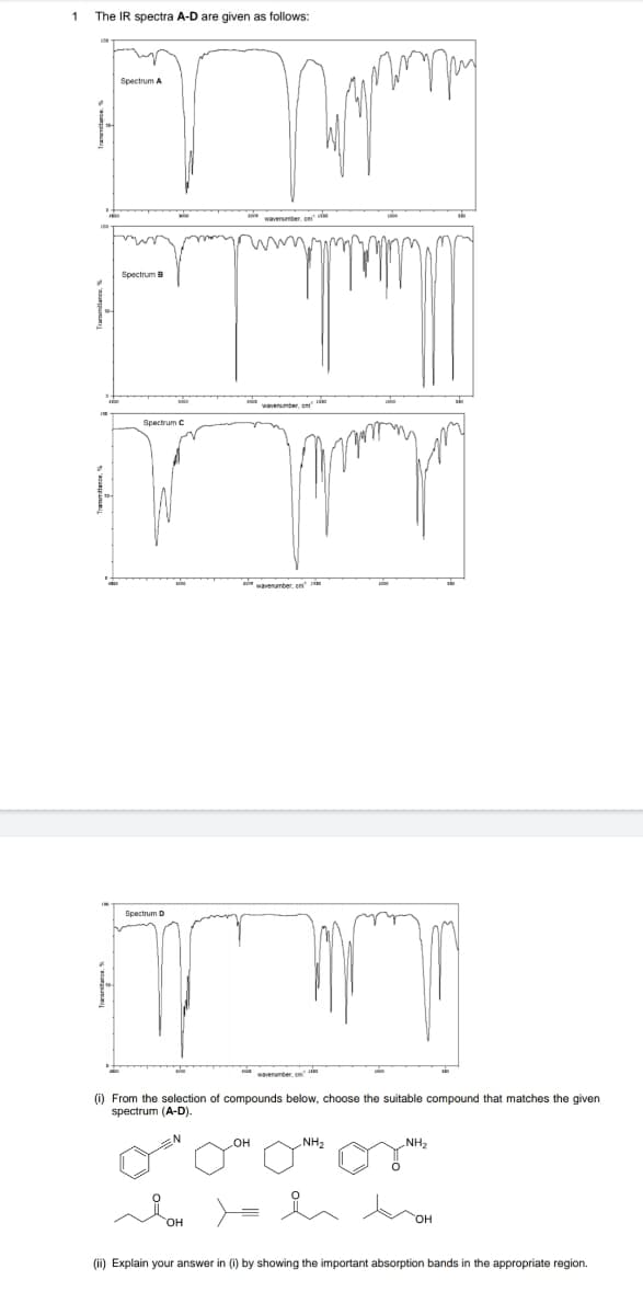 1
The IR spectra A-D are given as follows:
Spectrum A
waveruter
Spectrum B
Spectrum C
Spectrum D
wavenumber an si
(i) From the selection of compounds below, choose the suitable compound that matches the given
spectrum (A-D).
OH
NH2
NH2
OH
HO
(ii) Explain your answer in (i) by showing the important absorption bands in the appropriate region.
