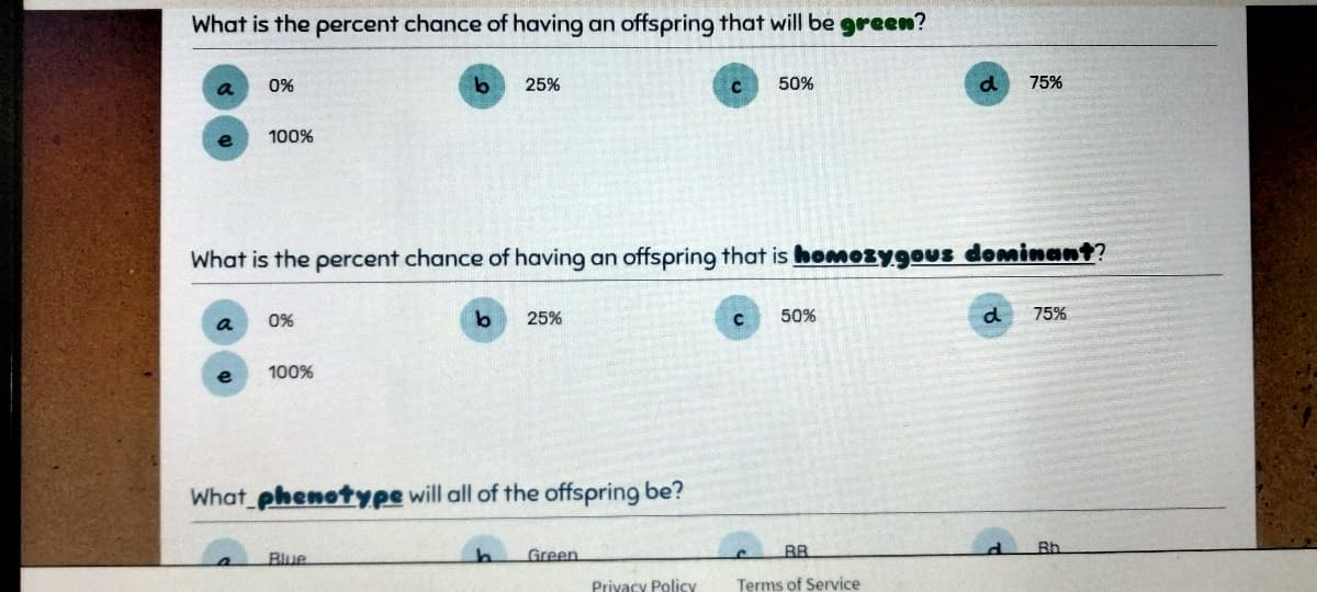 What is the percent chance of having an offspring that will be green?
a
0%
a
100%
0%
100%
b 25%
What is the percent chance of having an offspring that is homozygous dominant?
Blue
b 25%
What phenotype will all of the offspring be?
b
Green
C 50%
Privacy Policy
C
50%
d
BR
Terms of Service
d
75%
d
75%
Bb