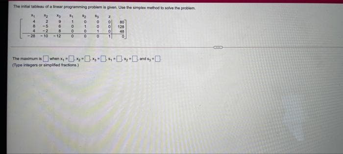 The initial tableau of a linear programming problem is given. Use the simplex method to solve the problem.
80
128
48
4
9
-5
-2
-10
6
-28
-12
The maximum isDwhen x, -0-0 -D-0 and s, -D
(Type integers or simplified fractions.)
