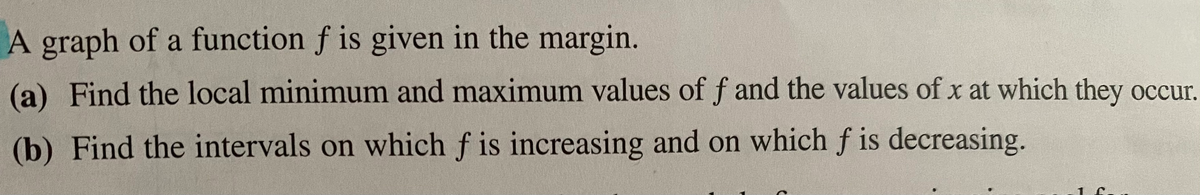 A graph of a function f is given in the margin.
(a) Find the local minimum and maximum values of f and the values of x at which they occur.
(b) Find the intervals on which f is increasing and on which f is decreasing.
