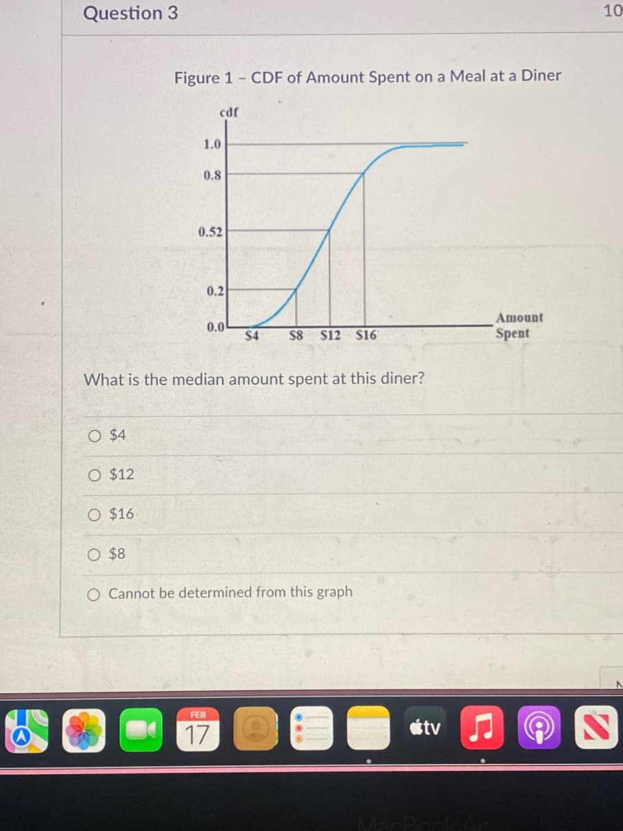 Question 3
O $4
O $12
O $16
Figure 1 CDF of Amount Spent on a Meal at a Diner
O $8
cdf
1.0
0.8
0.52
What is the median amount spent at this diner?
0.2
0.0
S4 S8 S12 S16
FEB
17
O Cannot be determined from this graph
tv
Amount
Spent
♫
(Co
9
10
N