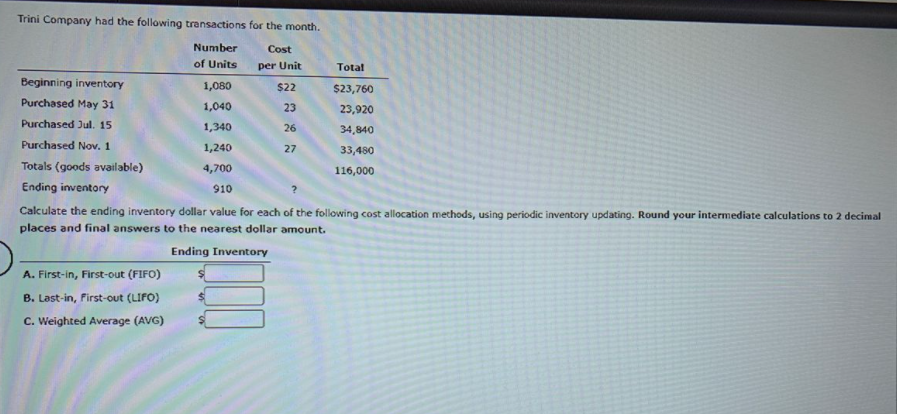 Trini Company had the following transactions for the month.
Number
Cost
of Units
per Unit
Total
Beginning inventory
1,080
$2
$23,760
Purchased May 31
1,040
23
23,920
Purchased Jul. 15
1,340
26
34,840
Purchased Nov. 1
1,240
27
33,480
Totals (goods available)
4,700
116,000
Ending inventory
910
Calculate the ending inventory dollar value for each of the following cost allocation methods, using periodic inventory updating. Round your intermediate calculations to 2 decimal
places and final answers to the nearest dollar amount.
Ending Inventory
A. First-in, First-out (FIFO)
B. Last-in, First-out (LIFO)
C. Weighted Average (AVG)
