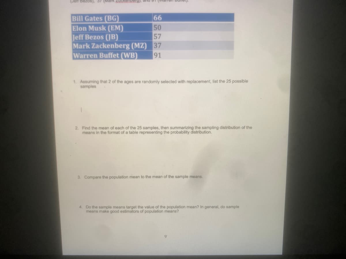 (Jeff Bezos),
Bill Gates (BG)
66
Elon Musk (EM)
50
Jeff Bezos (JB)
57
Mark Zackenberg (MZ)
37
Warren Buffet (WB)
91
1. Assuming that 2 of the ages are randomly selected with replacement, list the 25 possible
samples
2. Find the mean of each of the 25 samples, then summarizing the sampling distribution of the
means in the format of a table representing the probability distribution.
3. Compare the population mean to the mean of the sample means.
4. Do the sample means target the value of the population mean? In general, do sample
means make good estimators of population means?
9