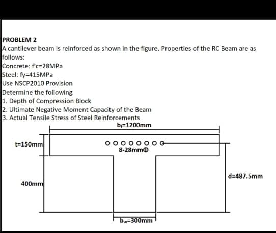 PROBLEM 2
A cantilever beam is reinforced as shown in the figure. Properties of the RC Beam are as
follows:
Concrete: f'c=28MPA
Steel: fy=415MPA
Use NSCP2010 Provision
Determine the following
1. Depth of Compression Block
2. Ultimate Negative Moment Capacity of the Beam
3. Actual Tensile Stress of Steel Reinforcements
bF1200mm
t=150mm
00o
8-28mmo
d=487.5mm
400mm
bw=300mm
