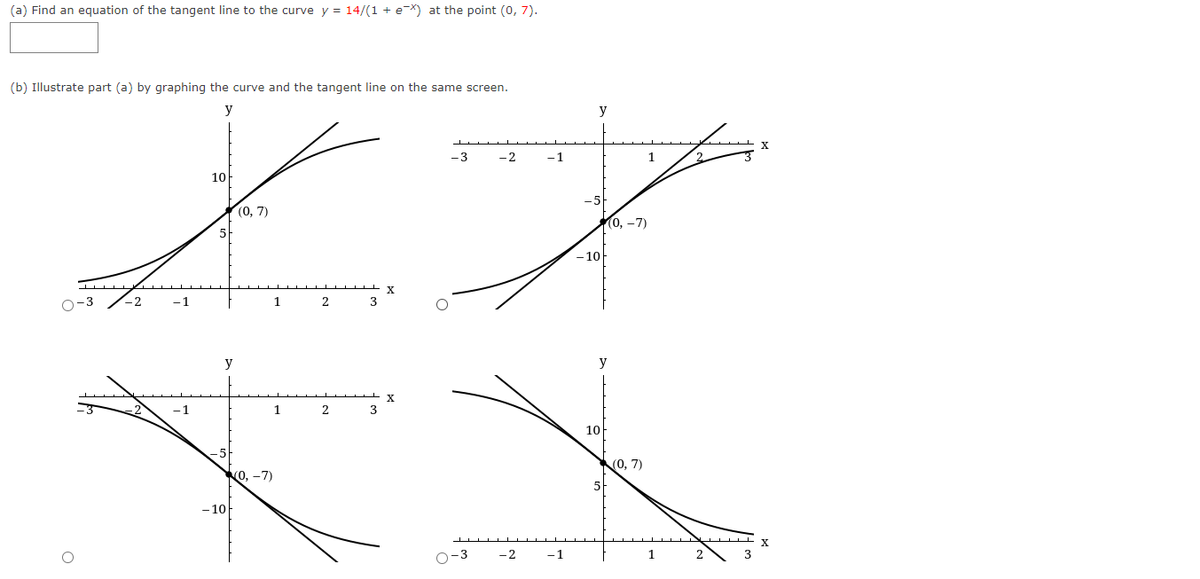 (a) Find an equation of the tangent line to the curve y = 14/(1 + e-X) at the point (0, 7).
(b) Illustrate part (a) by graphing the curve and the tangent line on the same screen.
y
y
X
-3
-2
- 1
10
(0, 7)
0, -7)
5
–10
0-3
y
y
10
(0, 7)
wo, -7)
- 10
O-3
-2
-1
1
3
