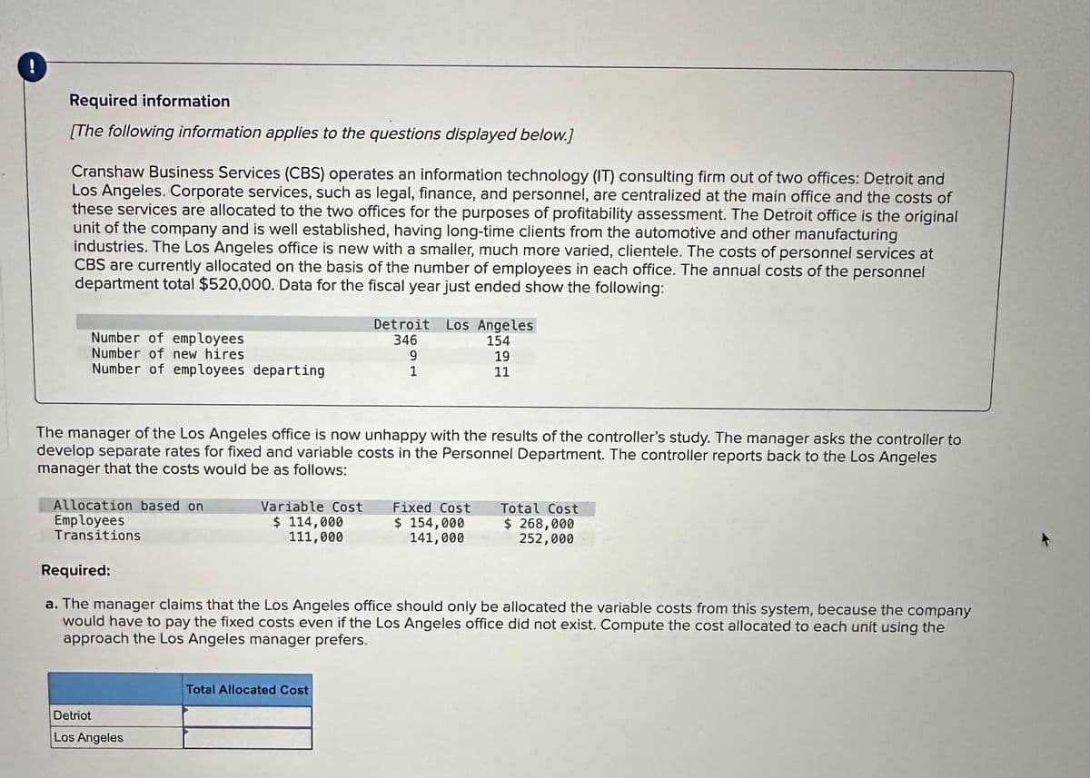 Required information
[The following information applies to the questions displayed below.]
Cranshaw Business Services (CBS) operates an information technology (IT) consulting firm out of two offices: Detroit and
Los Angeles. Corporate services, such as legal, finance, and personnel, are centralized at the main office and the costs of
these services are allocated to the two offices for the purposes of profitability assessment. The Detroit office is the original
unit of the company and is well established, having long-time clients from the automotive and other manufacturing
industries. The Los Angeles office is new with a smaller, much more varied, clientele. The costs of personnel services at
CBS are currently allocated on the basis of the number of employees in each office. The annual costs of the personnel
department total $520,000. Data for the fiscal year just ended show the following:
Detroit Los Angeles
Number of employees
346
154
Number of new hires
9
19
Number of employees departing
1
11
The manager of the Los Angeles office is now unhappy with the results of the controller's study. The manager asks the controller to
develop separate rates for fixed and variable costs in the Personnel Department. The controller reports back to the Los Angeles
manager that the costs would be as follows:
Allocation based on
Employees
Transitions
Variable Cost
$ 114,000
111,000
Fixed Cost
$ 154,000
141,000
Total Cost
$ 268,000
252,000
Required:
a. The manager claims that the Los Angeles office should only be allocated the variable costs from this system, because the company
would have to pay the fixed costs even if the Los Angeles office did not exist. Compute the cost allocated to each unit using the
approach the Los Angeles manager prefers.
Detriot
Los Angeles
Total Allocated Cost