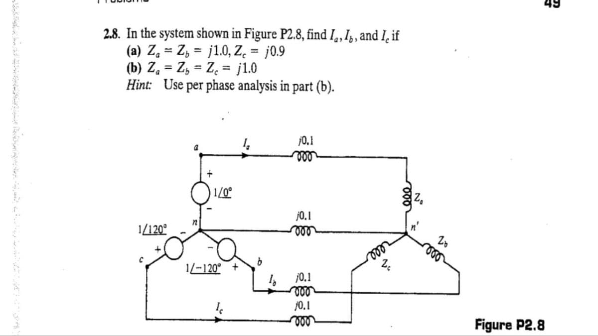 2.8. In the system shown in Figure P2.8, find I, I, and I if
(a) ZaZj1.0, Z = j0.9
(b) Z₁ = Z₁ = Z₁ = j1.0
Hint: Use per phase analysis in part (b).
a
1.
10.1
+
1/0°
1/120°
j0.1
000
C
1-120° +
j0.1
000
I
j0.1
20
No
1
000
49
Figure P2.8