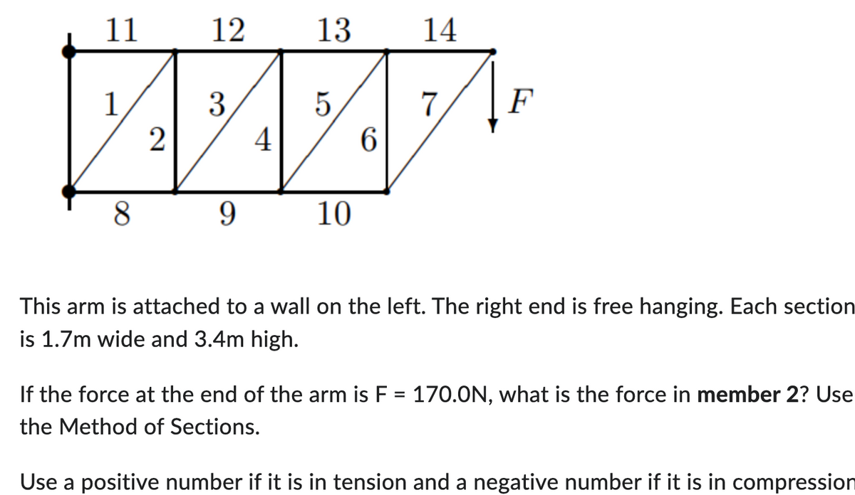 11
1
8
2
12
3
9
4
13
5
10
6
14
7
F
This arm is attached to a wall on the left. The right end is free hanging. Each section
is 1.7m wide and 3.4m high.
If the force at the end of the arm is F = 170.0N, what is the force in member 2? Use
the Method of Sections.
Use a positive number if it is in tension and a negative number if it is in compression