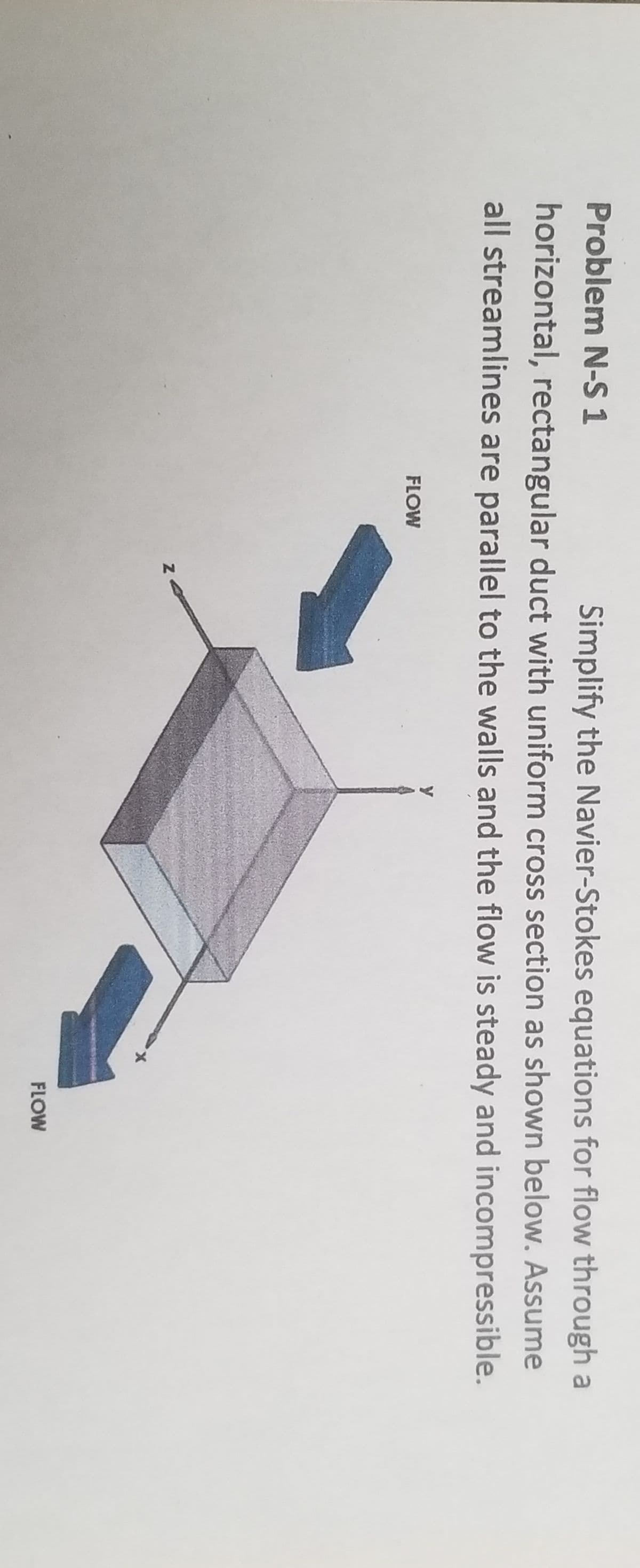 Problem N-S 1
Simplify the Navier-Stokes equations for flow through a
horizontal, rectangular duct with uniform cross section as shown below. Assume
all streamlines are parallel to the walls and the flow is steady and incompressible.
FLOW
FLOW
