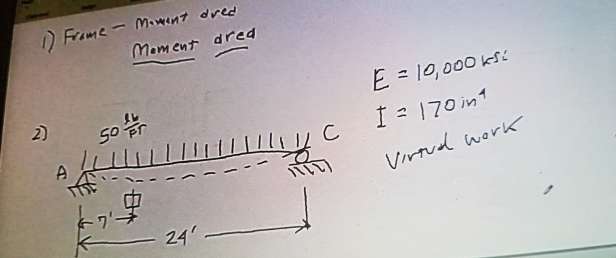 Frome - Mowent dred
Mament dred
E
E=10,000kSi
2)
I = 170 in1
11
A
Virtul worK
24
