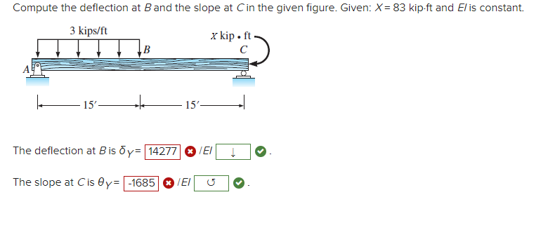 Compute the deflection at Band the slope at Cin the given figure. Given: X= 83 kip-ft and El is constant.
3 kips/ft
x kip • ft
B
C
15'-
15'-
The deflection at B is öy= 14277
/EI
The slope at C is ey= -1685
/EI
