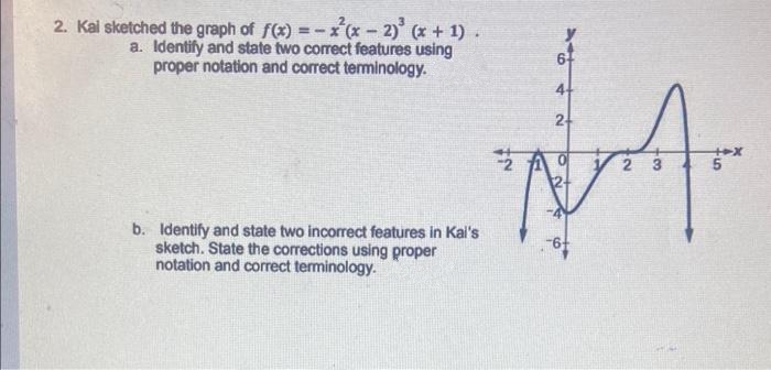 2. Kai sketched the graph of f(x) = x²(x - 2)²(x + 1).
a. Identify and state two correct features using
proper notation and correct terminology.
b. Identify and state two incorrect features in Kai's
sketch. State the corrections using proper
notation and correct terminology.
44
2+
MA
ON
@.