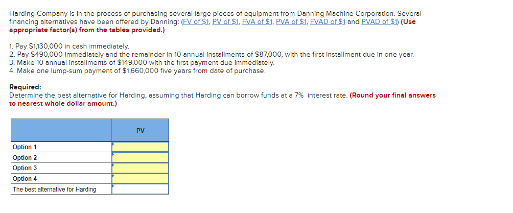 Harding Company is in the process of purchasing several large pieces of equipment from Danning Machine Corporation. Several
financing alternatives have been offered by Danning: (FV of $1, PV of $1, FVA of $1, PVA of $1, FVAD of $1 and PVAD of $1) (Use
appropriate factor(s) from the tables provided.)
1. Pay $1,130,000 in cash immediately.
2. Pay $490,000 immediately and the remainder in 10 annual installments of $87,000, with the first installment due in one year.
3. Make 10 annual installments of $149,000 with the first payment due immediately.
4. Make one lump-sum payment of $1,660,000 five years from date of purchase.
Required:
Determine the best alternative for Harding, assuming that Harding can borrow funds at a 7% interest rate. (Round your final answers
to nearest whole dollar amount.)
Option 1
Option 2
Option 3
Option 4
The best alternative for Harding
PV