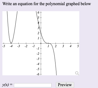 Write an equation for the polynomial graphed below
-5
-4
-3
-2
-1
-1
4
-2
-3-
-4
-5
y(x) =
Preview
2.
