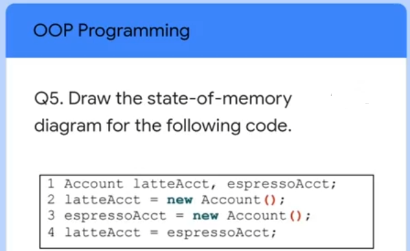 OOP Programming
Q5. Draw the state-of-memory
diagram for the following code.
1 Account latteAcct, espressoAcct;
2 latteAcct = new Account();
3 espressOAcct = new Account();
4 latteAcct = espressoAcct;
