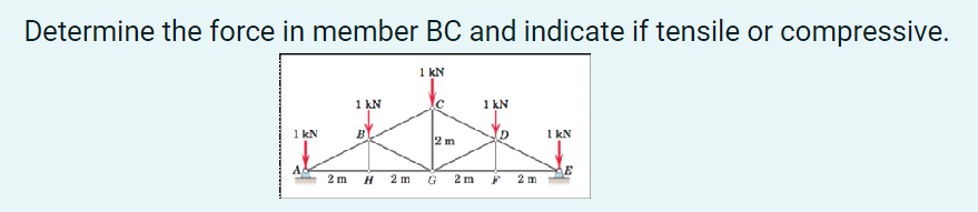 Determine the force in member BC and indicate if tensile or compressive.
1 kN
1 kN
1 kN
1 kN
B
1 kN
2 m
2 m
2 m
G
2 m
2 m
