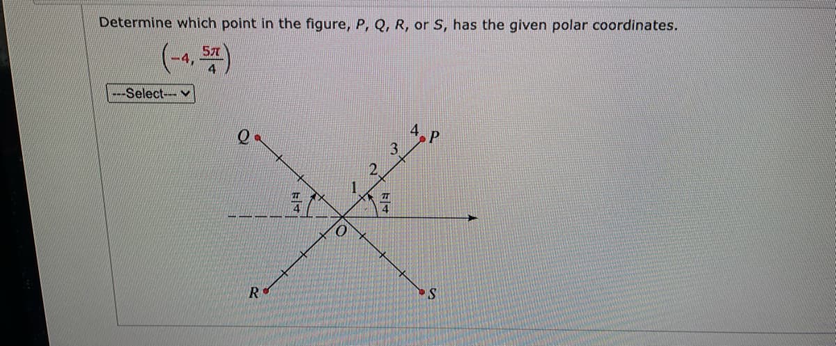Determine which point in the figure, P, Q, R, or S, has the given polar coordinates.
-4,
---Select-v
2.
R
