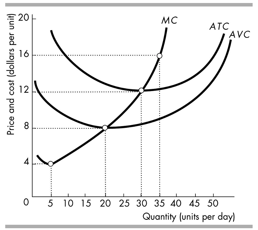 20-
MC
ATC
AVC
16
12
8
4
0 5 10 15 20 25 30 35 40 45 50
Quantity (units per day)
Price and cost
(dollars per unit)
