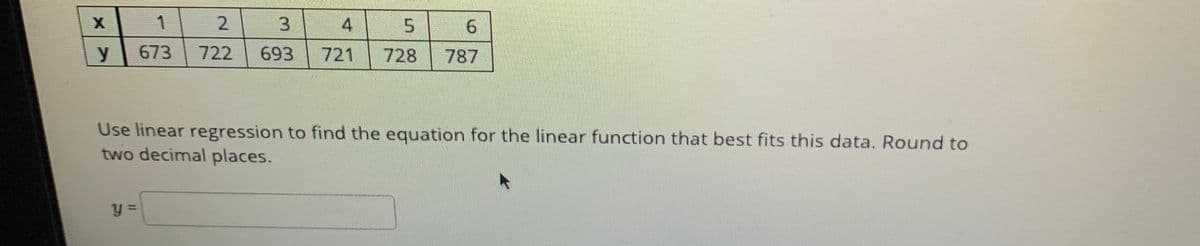 3.
4
6.
y
673
722
693
721
728
787
Use linear regression to find the equation for the linear function that best fits this data. Round to
two decimal places.
y =
