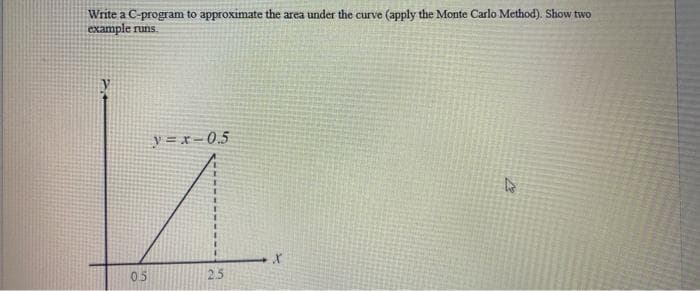 Write a C-program to approximate the area under the curve (apply the Monte Carlo Method). Show two
example runs.
y = x - 0.5
05
2.5
