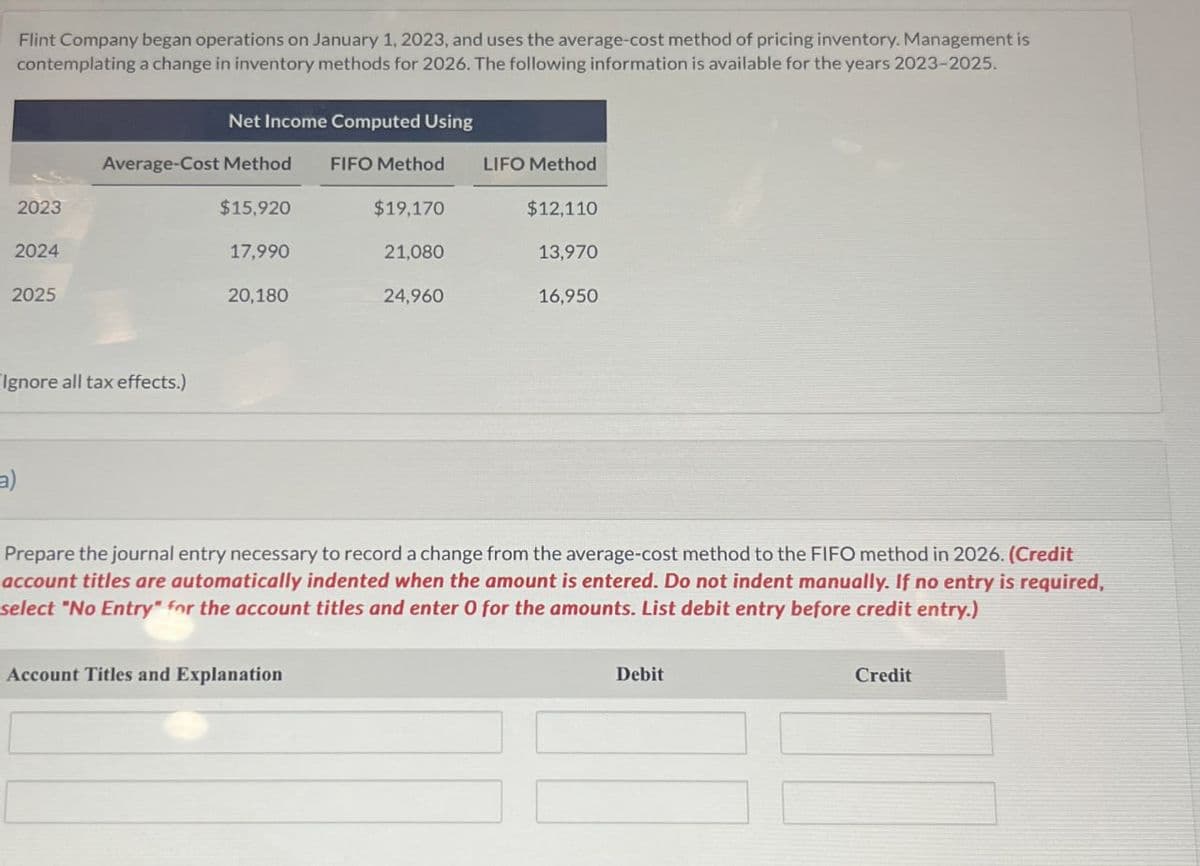 Flint Company began operations on January 1, 2023, and uses the average-cost method of pricing inventory. Management is
contemplating a change in inventory methods for 2026. The following information is available for the years 2023-2025.
Net Income Computed Using
Average-Cost Method
FIFO Method
LIFO Method
2023
$15,920
$19,170
$12,110
2024
17,990
21,080
13,970
2025
20,180
24,960
16,950
Ignore all tax effects.)
a)
Prepare the journal entry necessary to record a change from the average-cost method to the FIFO method in 2026. (Credit
account titles are automatically indented when the amount is entered. Do not indent manually. If no entry is required,
select "No Entry" for the account titles and enter 0 for the amounts. List debit entry before credit entry.)
Account Titles and Explanation
Debit
Credit