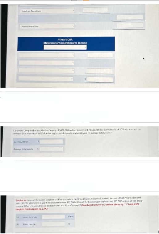 1
Less from Operations
Net Income/(Loss)
Cullumber Company has stockholders' equity of $430,000 and net income of $73,530. It has a payout ratio of 20% and a return on
assets of 19%. How much did Cullumber pay in cash dividends, and what were its average total assets?
Cash dividends
Average total assets
(al
(b)
Staples, Inc. is one of the largest suppliers of office products in the United States. Suppose it had net income of $667.50 million and
sales of $22.250.0 million in 2022. Its total assets were $12.000 million at the beginning of the year and $13,000 million at the end of
the year. What is Staples, Inc.'s lal asset turnover and (b) profit margin? (Round asset turnover to 2 decimal places, eg. 1.25 and profit
margin to 1 decimal place, og 2.5%)
Asset turnover
$
Profit margin
AYAYAI CORP.
Statement of Comprehensive Income
$
times