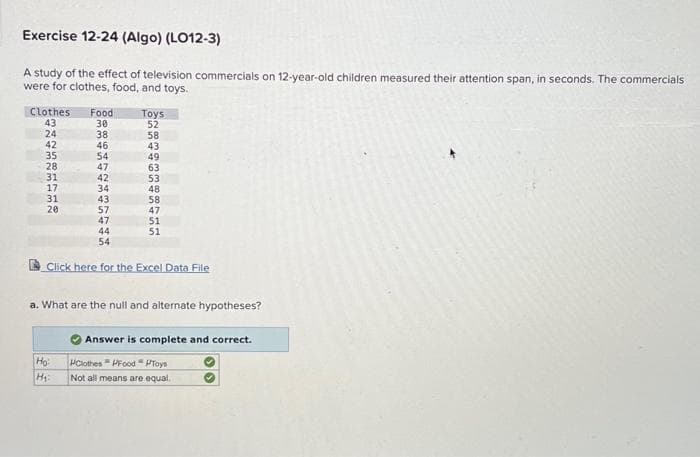 Exercise 12-24 (Algo) (LO12-3)
A study of the effect of television commercials on 12-year-old children measured their attention span, in seconds. The commercials
were for clothes, food, and toys.
Clothes Food Toys
30
52
38
58
46
54
3 24 2 35 28 31 17 31 28
43
42
20
47
42
Ho:
H₁:
34
43
57
47
44
54
43
49
63
53
48
58
47
51
51
Click here for the Excel Data File
a. What are the null and alternate hypotheses?
Answer is complete and correct.
HClothes Food PToys
Not all means are equal.