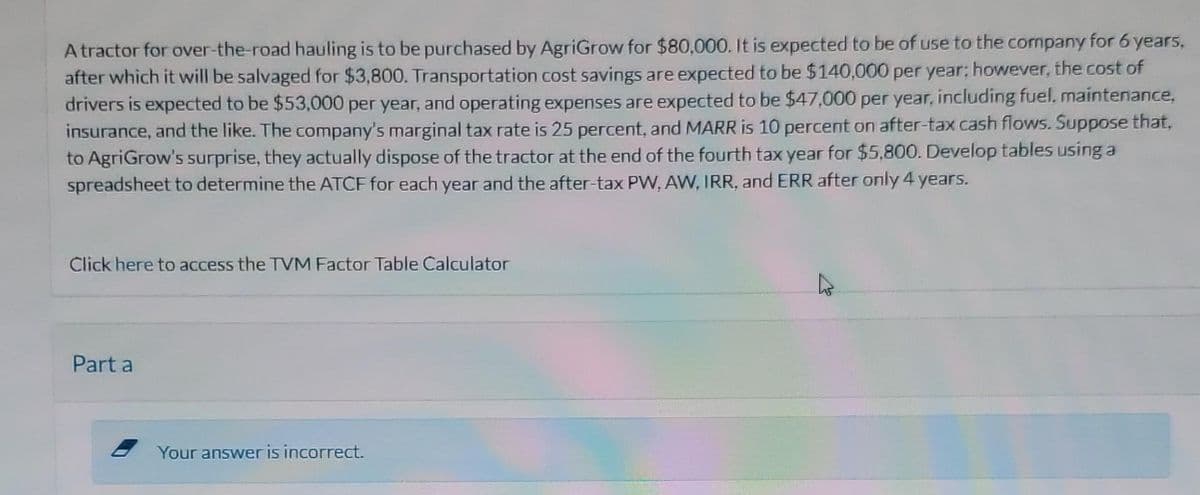 A tractor for over-the-road hauling is to be purchased by AgriGrow for $80,000. It is expected to be of use to the company for 6 years,
after which it will be salvaged for $3,800. Transportation cost savings are expected to be $140,000 per year; however, the cost of
drivers is expected to be $53,000 per year, and operating expenses are expected to be $47.000 per year, including fuel, maintenance,
insurance, and the like. The company's marginal tax rate is 25 percent, and MARR is 10 percent on after-tax cash flows. Suppose that,
to AgriGrow's surprise, they actually dispose of the tractor at the end of the fourth tax year for $5,800. Develop tables using a
spreadsheet to determine the ATCF for each year and the after-tax PW, AW, IRR, and ERR after only 4 years.
Click here to access the TVM Factor Table Calculator
Part a
Your answer is incorrect.