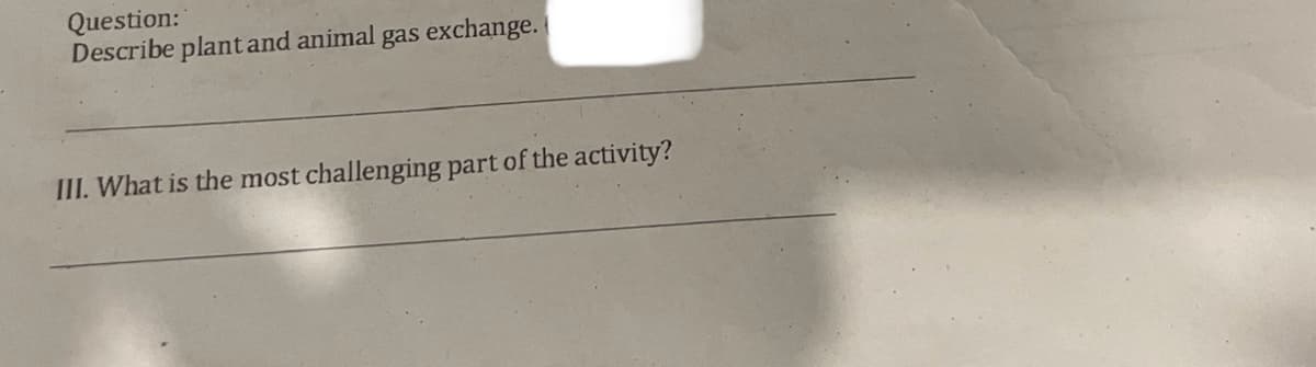 Question:
Describe plant and animal gas exchange.
III. What is the most challenging part of the activity?