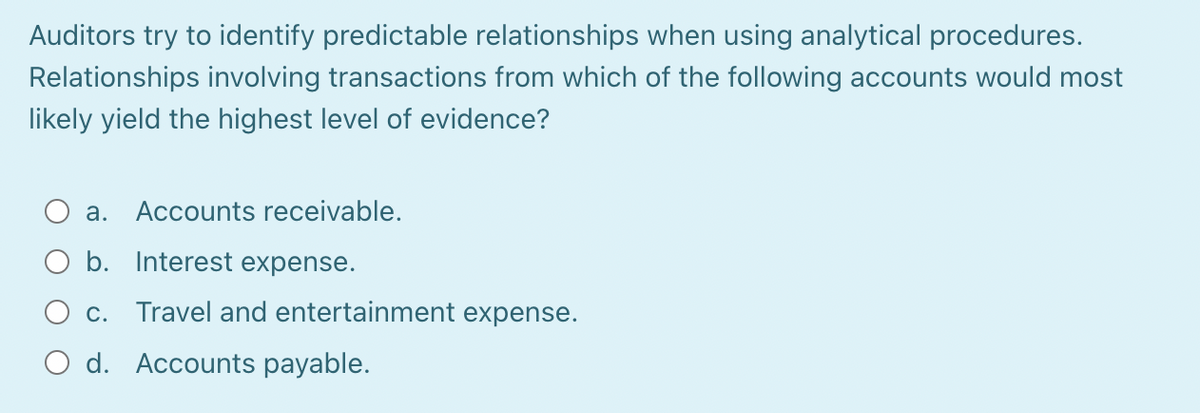 Auditors try to identify predictable relationships when using analytical procedures.
Relationships involving transactions from which of the following accounts would most
likely yield the highest level of evidence?
a. Accounts receivable.
O b. Interest expense.
O c. Travel and entertainment expense.
O d. Accounts payable.