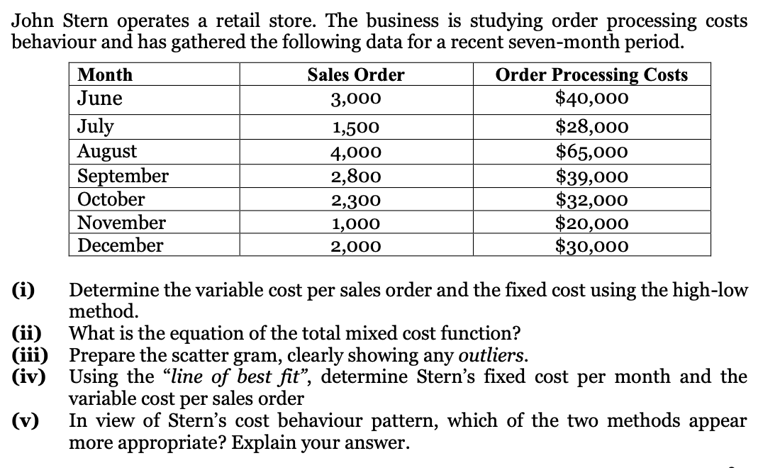 John Stern operates a retail store. The business is studying order processing costs
behaviour and has gathered the following data for a recent seven-month period.
Sales Order
Order Processing Costs
$40,000
Month
June
3,000
July
August
September
October
$28,000
$65,000
$39,000
$32,000
$20,000
$30,000
1,500
4,000
2,800
November
December
2,300
1,000
2,000
(i)
Determine the variable cost per sales order and the fixed cost using the high-low
method.
(ii)
(iii)
(iv)
What is the equation of the total mixed cost function?
Prepare the scatter gram, clearly showing any outliers.
Using the "line of best fit", determine Stern's fixed cost per month and the
variable cost per sales order
In view of Stern's cost behaviour pattern, which of the two methods appear
more appropriate? Explain your answer.
(v)
